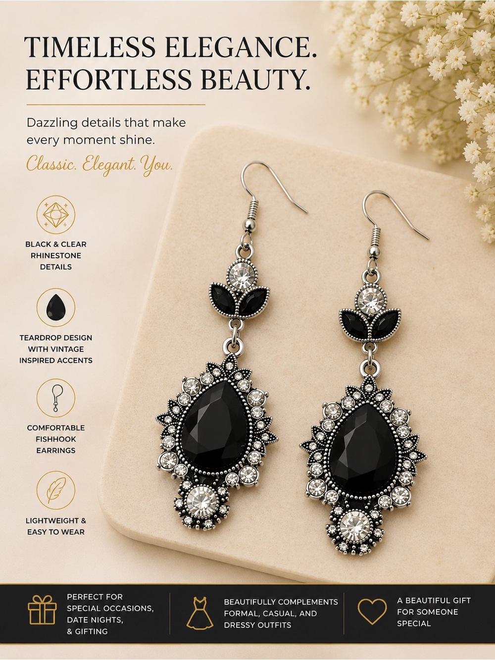 paparazzi Black and Clear Vintage Teardrop Dangle Earrings
